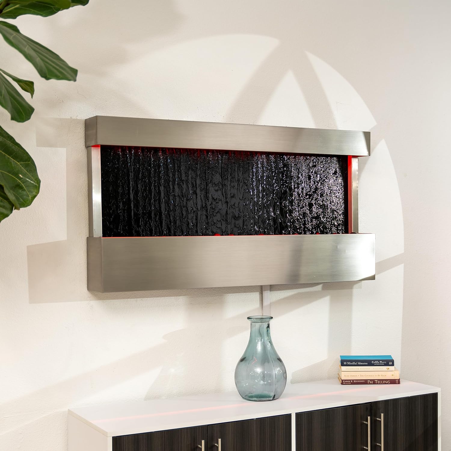 XBrand 47' Indoor Wall-Mounted Waterfall Mirror Fountain with LED Lighting, Silver Metal Décor, and Rock Base – Modern Relaxing Water Feature for Home