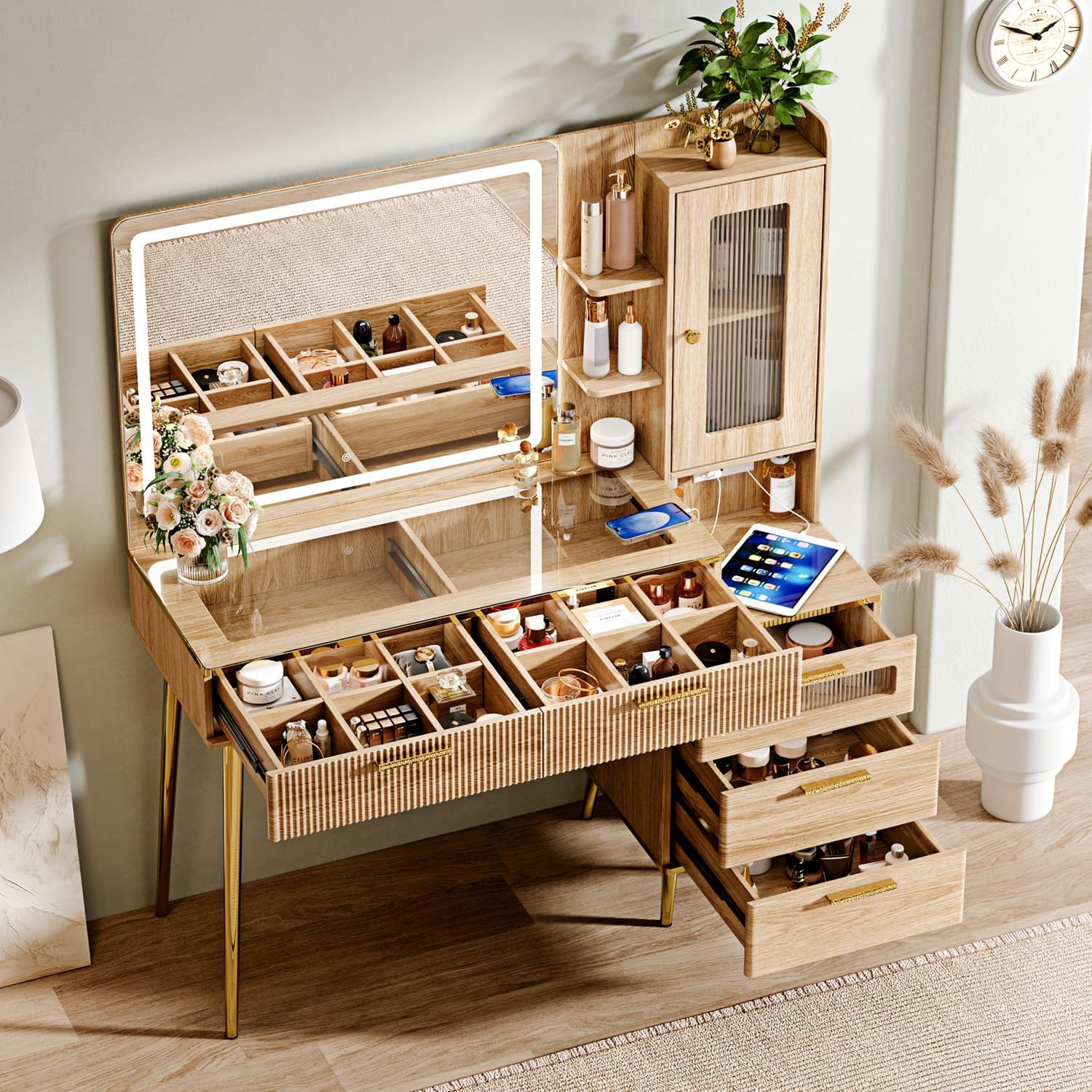 Arulvmrn Vanity Desk with 29.53' HD Lighted Mirror, 47.24' Big Modern Vanity Desk with Mirror and Lights, Makeup Vanity with 5 Drawers and Storage Shelves and Charging Station, Oak