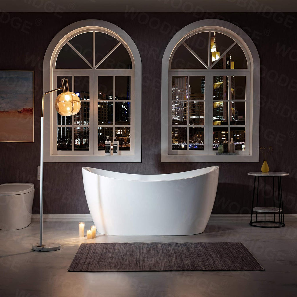 WOODBRIDGE 59'Freestanding White Acylic Soaking Bathtub with Drain Kit and Floor Mount Tub Filler in ORB,BTA1516 -ORB-Drain &O+F0010ORBSQ