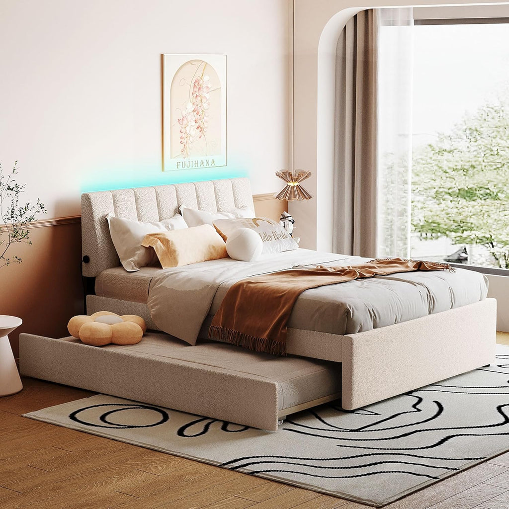 Ball & Cast Full Szie Upholstered Bed Frame with LED Light and Trundle,Teddy Fleece Platform Bed w/Channel Tufted Headboard &Wooden Slats Support,No Box Spring Needed, for Bedroom,Beige
