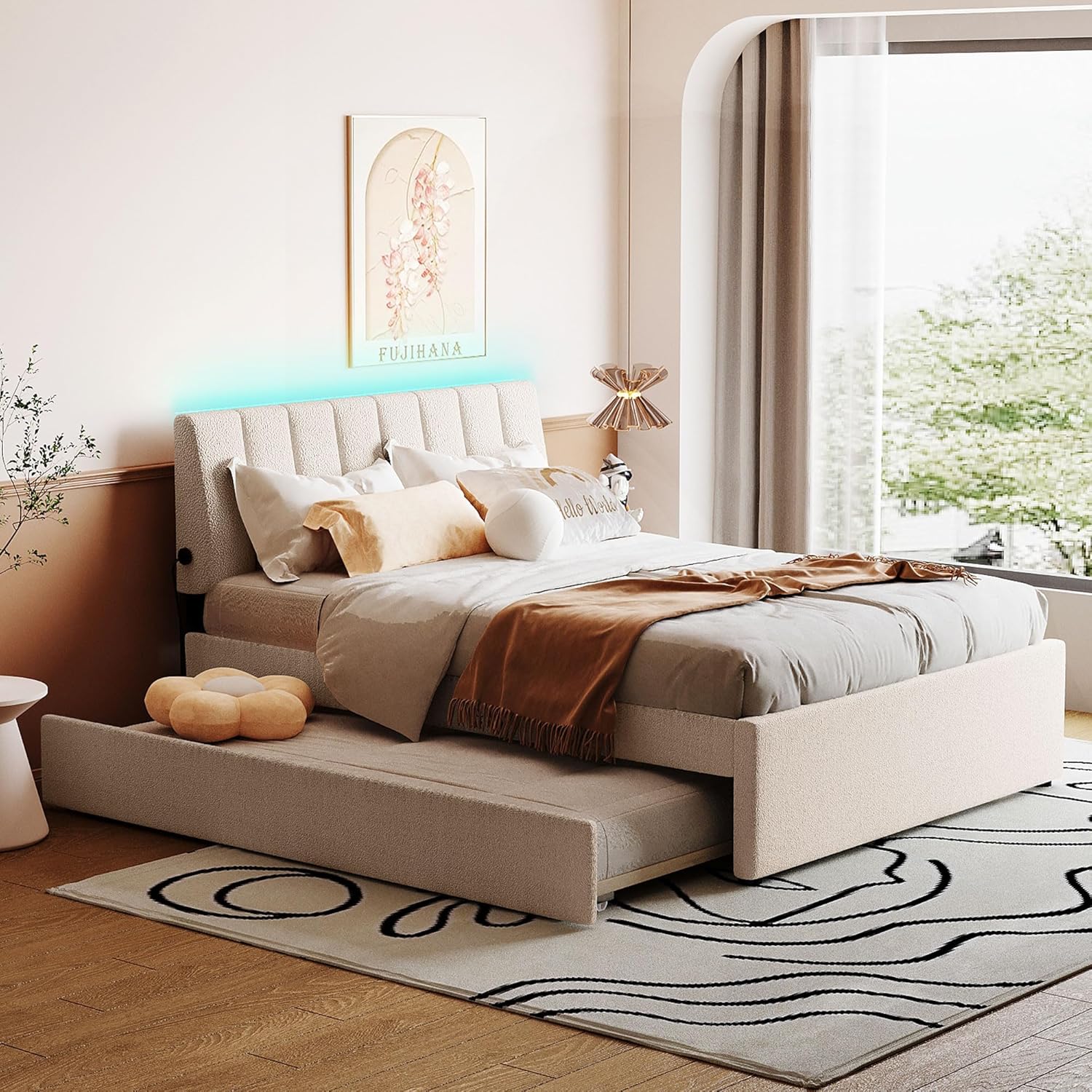 Ball & Cast Full Szie Upholstered Bed Frame with LED Light and Trundle,Teddy Fleece Platform Bed w/Channel Tufted Headboard &Wooden Slats Support,No Box Spring Needed, for Bedroom,Beige