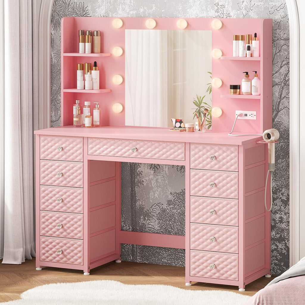HAUOMS Pink Vanity with Lights and Mirror, 11 Drawer Makeup Vanity with Power Strip, 6 Open Shelves, 43.3' Vanity Desk with Storage, Dressing Table with 3 Color Modes for Bedroom, Women, Girls (Pink)