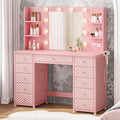HAUOMS Pink Vanity with Lights and Mirror, 11 Drawer Makeup Vanity with Power Strip, 6 Open Shelves, 43.3' Vanity Desk with Storage, Dressing Table with 3 Color Modes for Bedroom, Women, Girls (Pink)