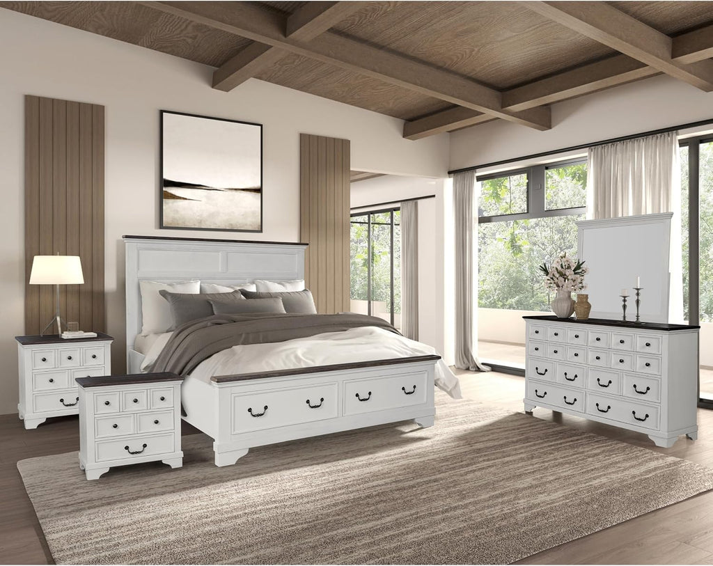 Furniture of America Roden Modern Solid Wood 5-Piece Bedroom Set with Storage Footboard, USB Chargers on Nightstand, Drop Handle Pulls, No Box Spring Needed, King, White
