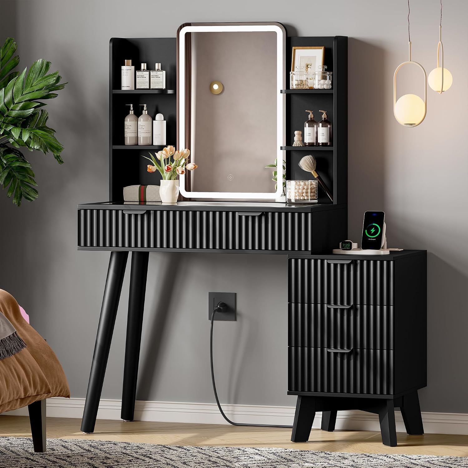 Vanity Desk With HD Lighted Mirror and Lights, Fluted Small Makeup Vanity with Storage Drawers & Shelves, Modern Dressing Table Set with Power Outlet & Glass Table Top for Women Girls Bedroom, Black