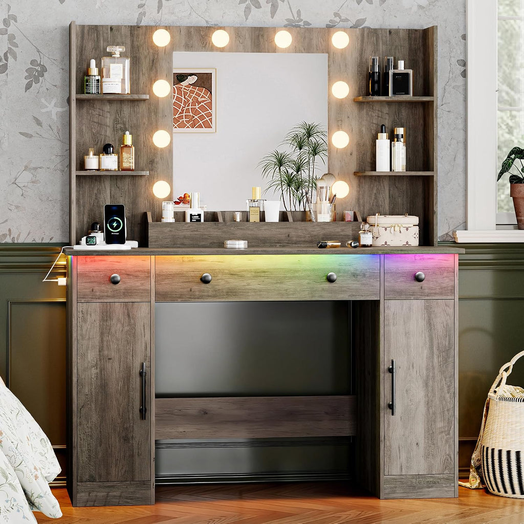 Vanity Desk with Mirror and Lights, 43'' Makeup Dressing Table Set with 5 Drawers & Power Outlet, 3 Lighting Modes Brightness Adjustable, Vanity with RGB Ambient Light for Women Girls Bedroom, Grey