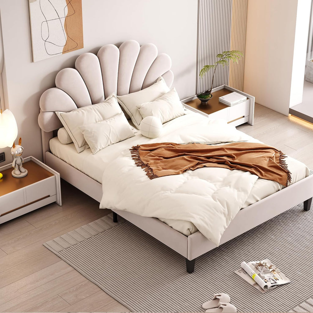 Harper & Bright Designs Full Size Upholstered Platform Bed Frame with Flower Pattern Velvet Headboard for Boys Girls Kids Adults, Beige