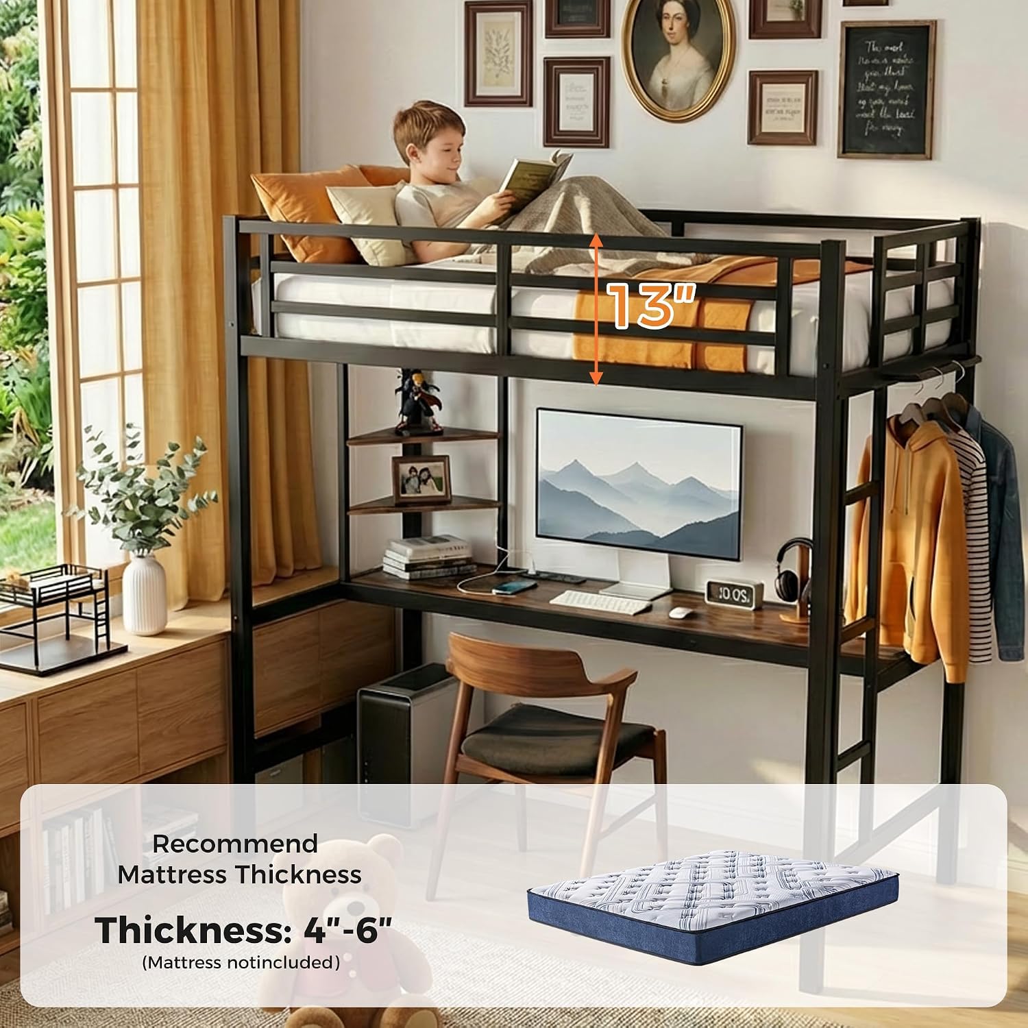 Twin Size Metal Loft Bed with Desk, LED Lights & USB Charging Station, Sturdy Noise-Free High Loft Bed Frame with Safety Guardrails, Space-Saving Loft Bedframe for Kids, Teens, Black