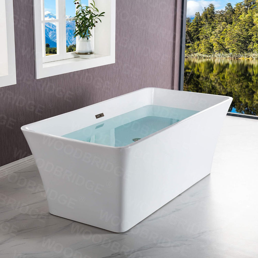WOODBRIDGE 67' Acrylic Freestanding Bathtub Contemporary Soaking White Tub with Brushed Nickel Overflow and Drain，BTS1609-B/N-Drain&O