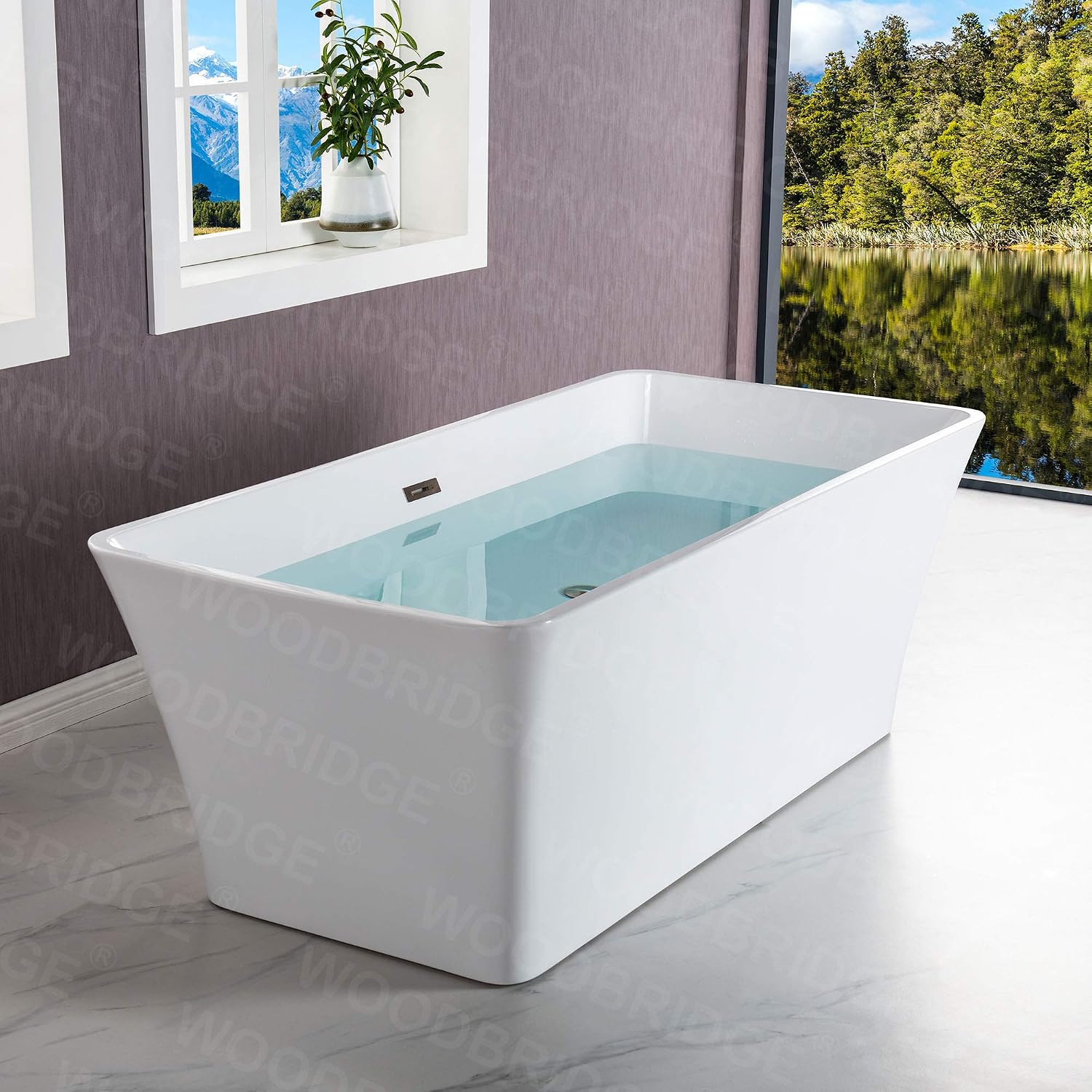 WOODBRIDGE 67' Acrylic Freestanding Bathtub Contemporary Soaking White Tub with Brushed Nickel Overflow and Drain，BTS1609-B/N-Drain&O