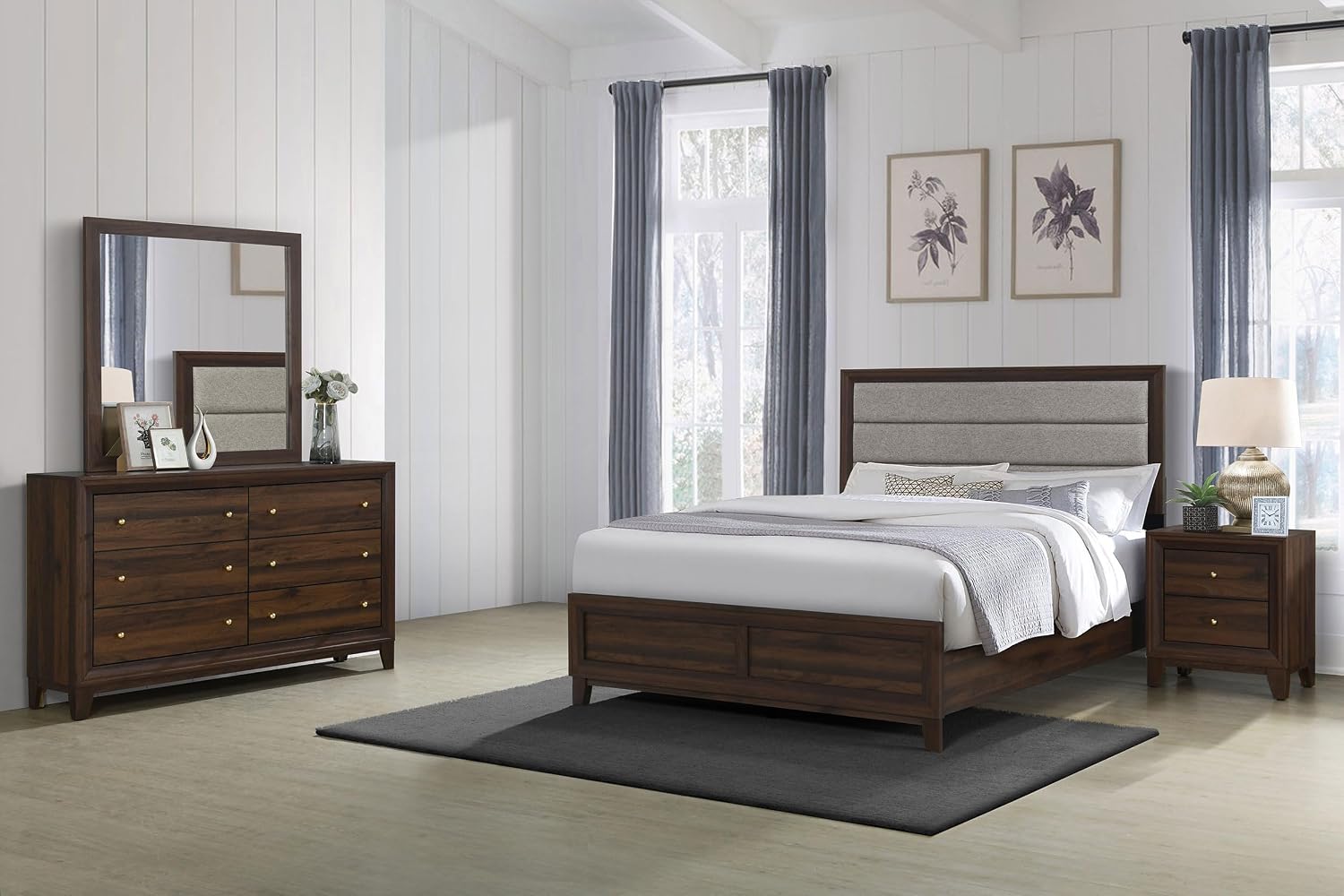 Coaster Home Furnishings Welsley Transitional 4-Piece Bedroom Set Fabric Upholstered Queen Size Panel Bed Frame 52-inch Headboard Walnut 223441Q-S4