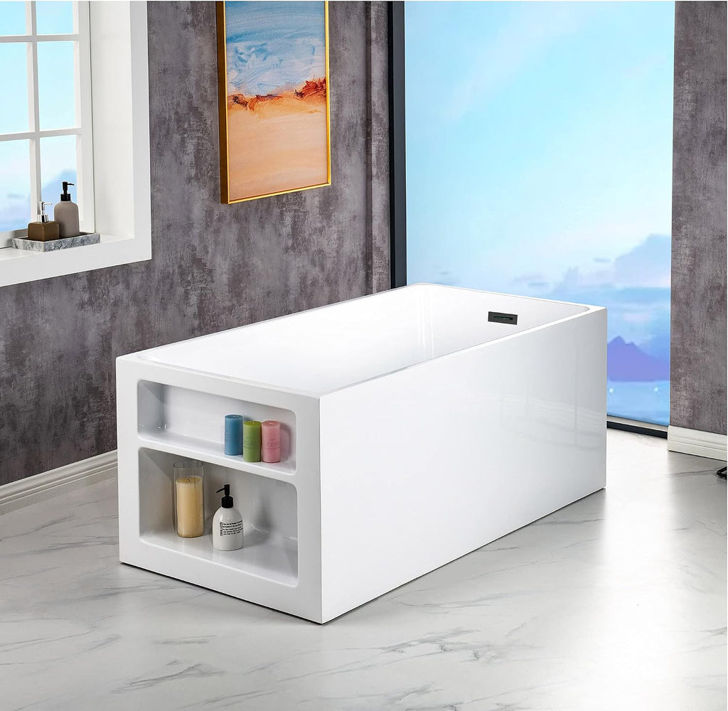WOODBRIDGE 59' Acrylic Freestanding Bathtub Contemporary Soaking White Tub with Matte Black Overflow and Drain，BTA0081-MB-Drain&O