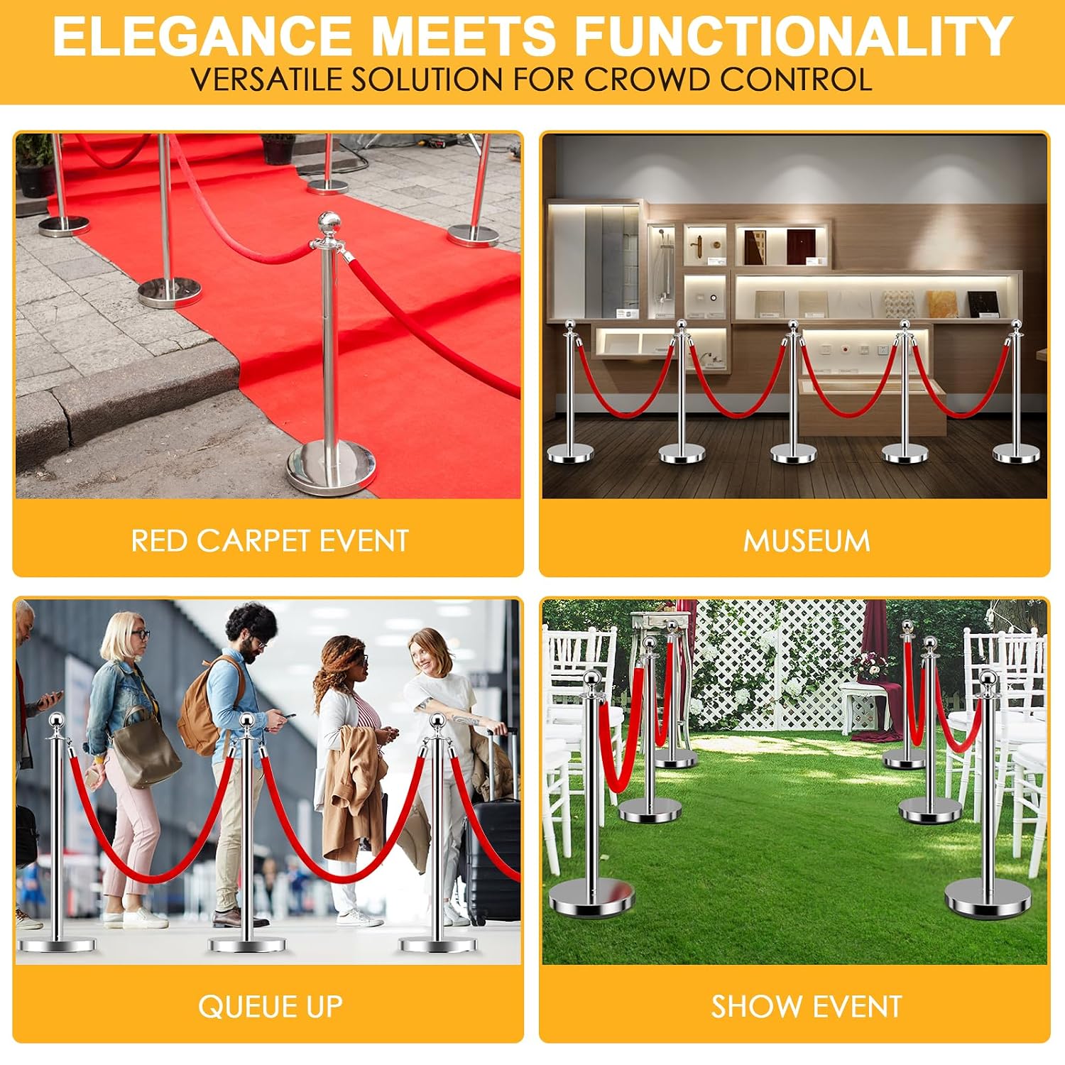 LOVMOR Stainless Steel Stanchion Post, Stanchions with Red Rope, Hollow Base and Velvet Ropes Safety Barriers Set, Carpet Runner for Party (6pack-Silver)
