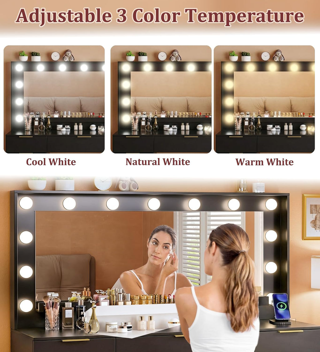 ALEXNUTRE Vanity Desk with Mirror and Lights, 45.3in Makeup Vanity with 7 Drawers & Large Mirror, Vanity with 3-Color Adjustable Lighting & Charging Station, Make Up Vanity for Bedroom