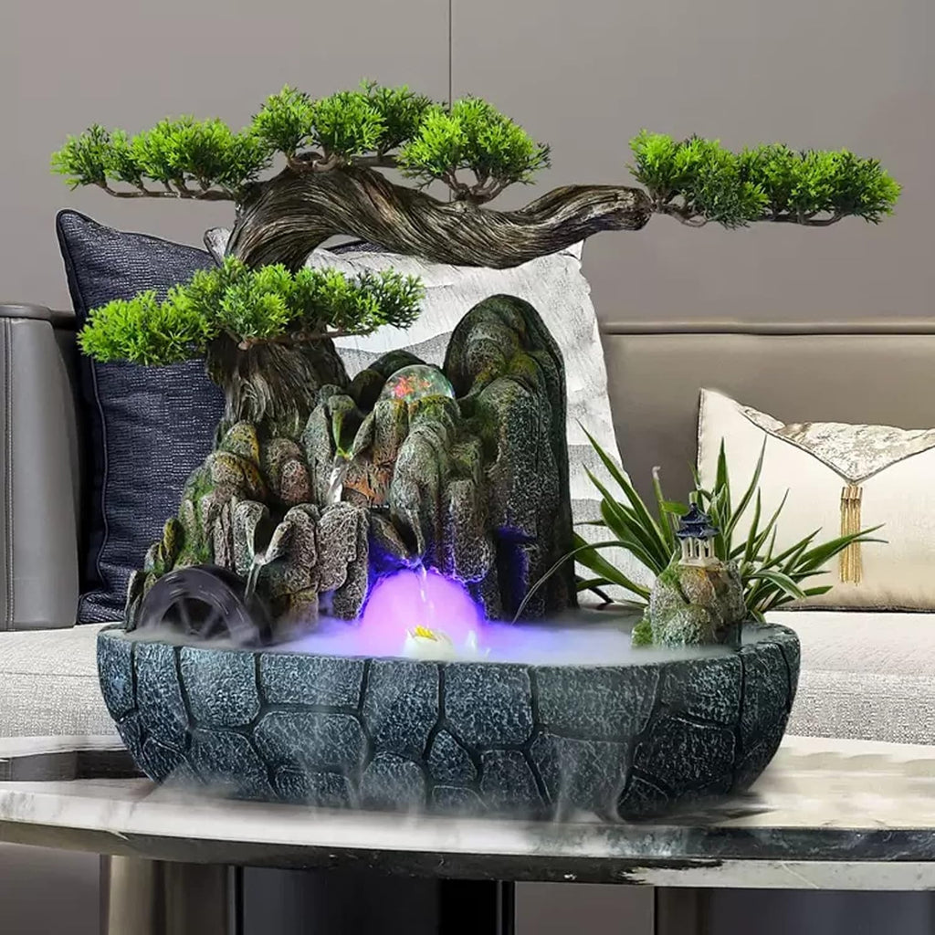 Tabletop Water Fountain Indoor Water Fountain Resin Chinese Artificial Tree Rockery Tabletop Fountain with Rolling Ball Zen Fountain for Home Office Bedroom Desk Decoration Indoor Fountain