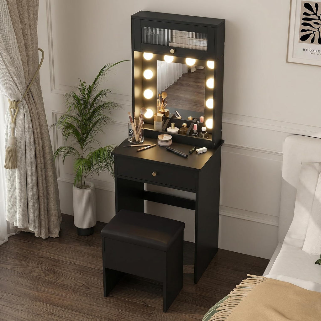ARTETHYS Small Vanity Desk with Mirror and Lights Black Small Makeup Vanity with Storage Chair Mini Makeup Table Set for Bedroom Compact Dressing Table with RGB Lights for Tiny Space
