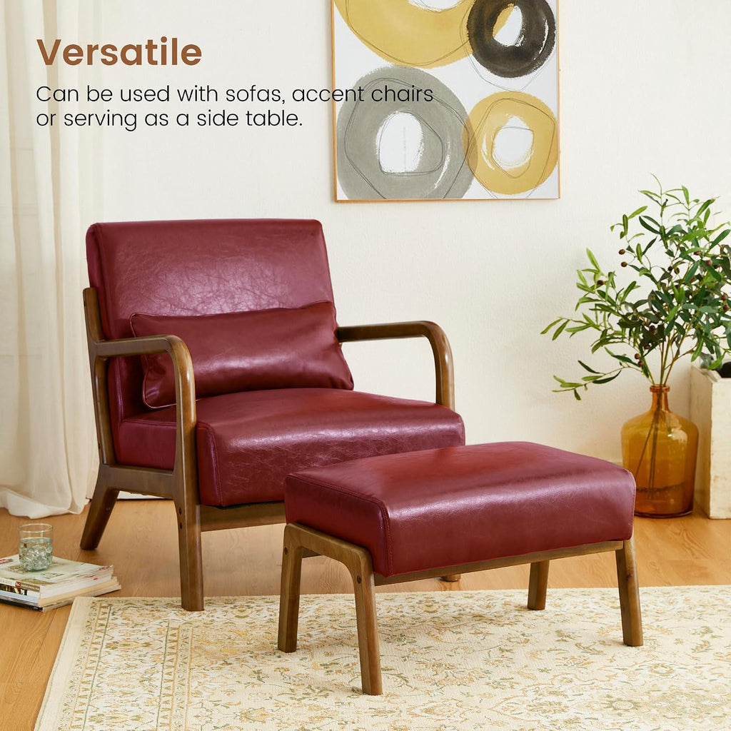Glitzhome 2 Set Foot Stool Ottoman, Modern Leatherette Sofa Stool Vanity Chair with Rubber Wood Frame, Footrest Ottoman Bench for Living Room, Entryway, Wine Red