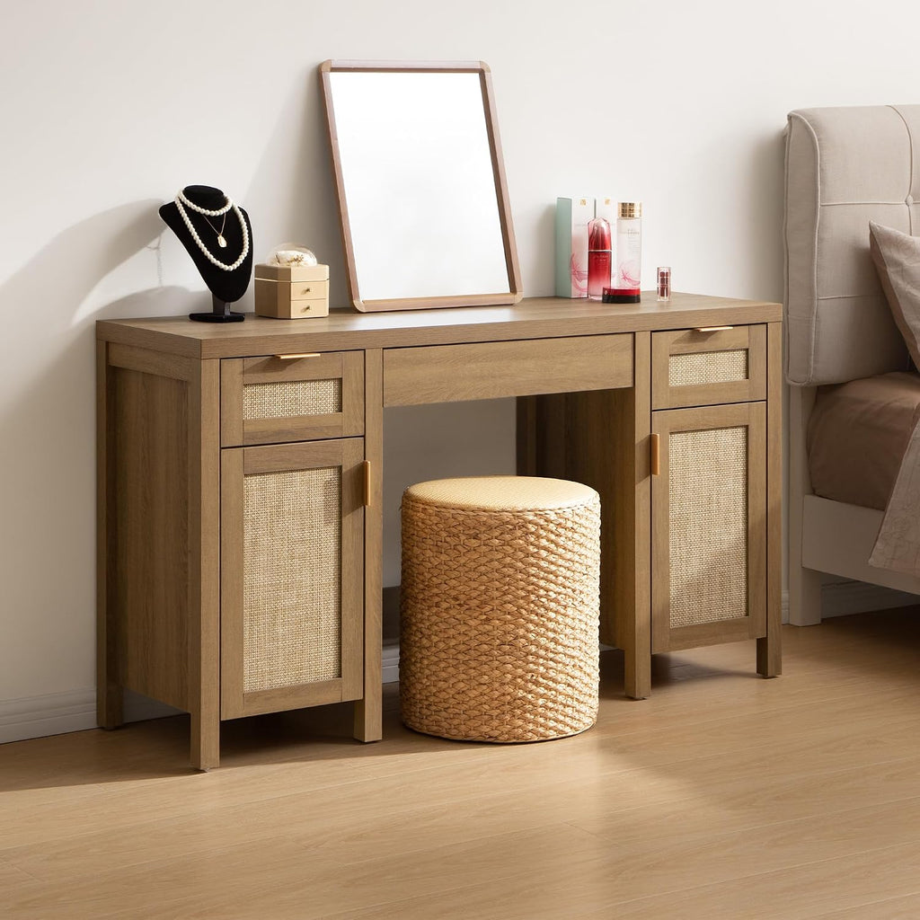 SICOTAS 2 Pieces Rattan Vanity Home Office Desk - Big Boho Makeup Vanities Benches with Drawers & Storage Cabinets, Dressing Vanity Table for Makeup Room, Bedroom, Home Office, Oak