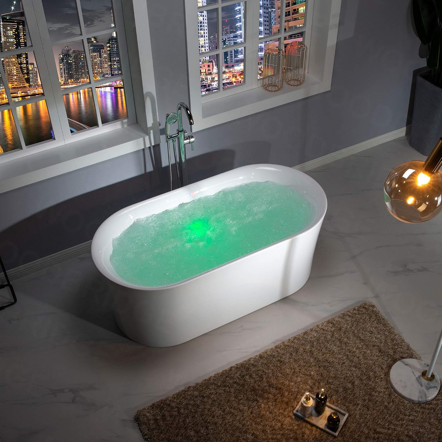WOODBRIDGE 67' Acrylic Freestanding Bathtub Contemporary Soaking White Tub with Brushed Gold Overflow and Drain，B0101 -BG-Drain &O