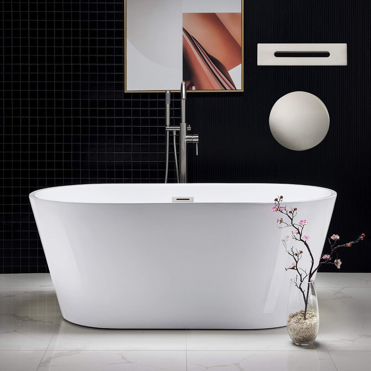 WOODBRIDGE 59' Acrylic Freestanding Bathtub Contemporary Soaking White Tub with Brushed Nickel Overflow and Drain,B0014-BN