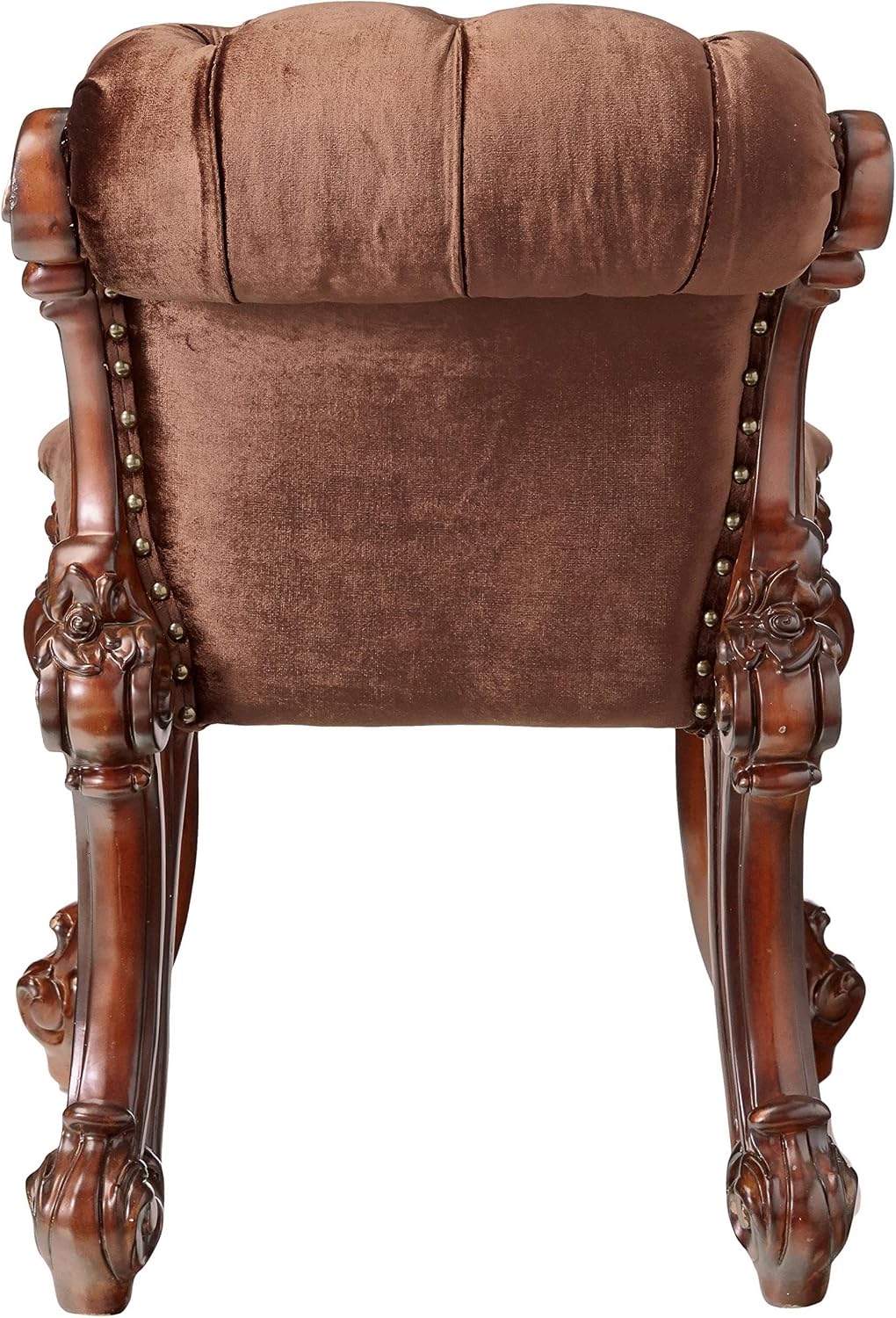 BOWERY HILL Vanity Stool, Cherry Finish, 27.56' H x 28.74' W x 20.08' D, Padded Seat and Backrest Cushion, Fabric Upholstery, Poplar and Aspen Wood, Elegant Baroque Style Vanity Bench for Bedroom or
