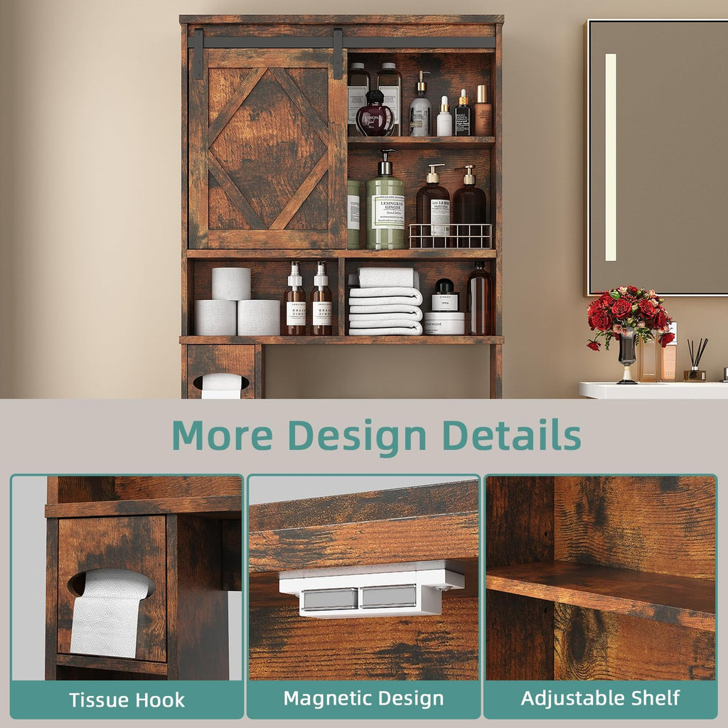 Over the Toilet Storage Cabinet with Farmhouse Sliding Barn Door, Above Toilet Organizer with Toilet Paper Holder Stand, Behind Toilet Shelf, Space Saver for Restroom, Bathroom, Laundry, Brown
