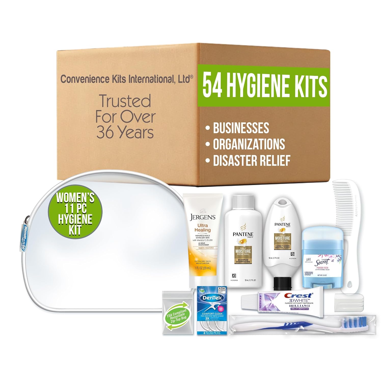 Convenience Kits International Women's 10-Piece Travel Hygiene Kit, 54 Count Bulk Case — for Hotels, Shelters, Disaster Relief