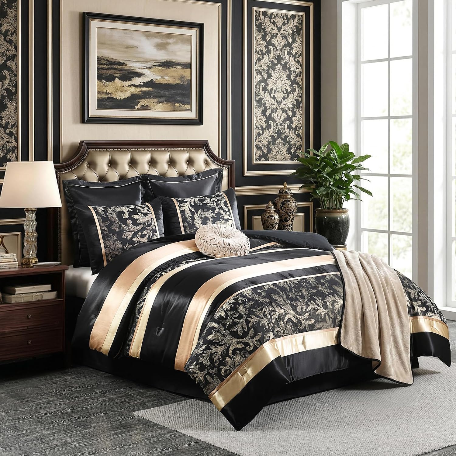 SahSahCasa 7-Piece Luxury Queen Comforter Set, Bed in a Bag Queen, Black and Gold Fluffy Bedding Comforter Set with Bed Skirt, Decorative Pillows and Shams, Down-Alternative Thick Jacquard Comforter