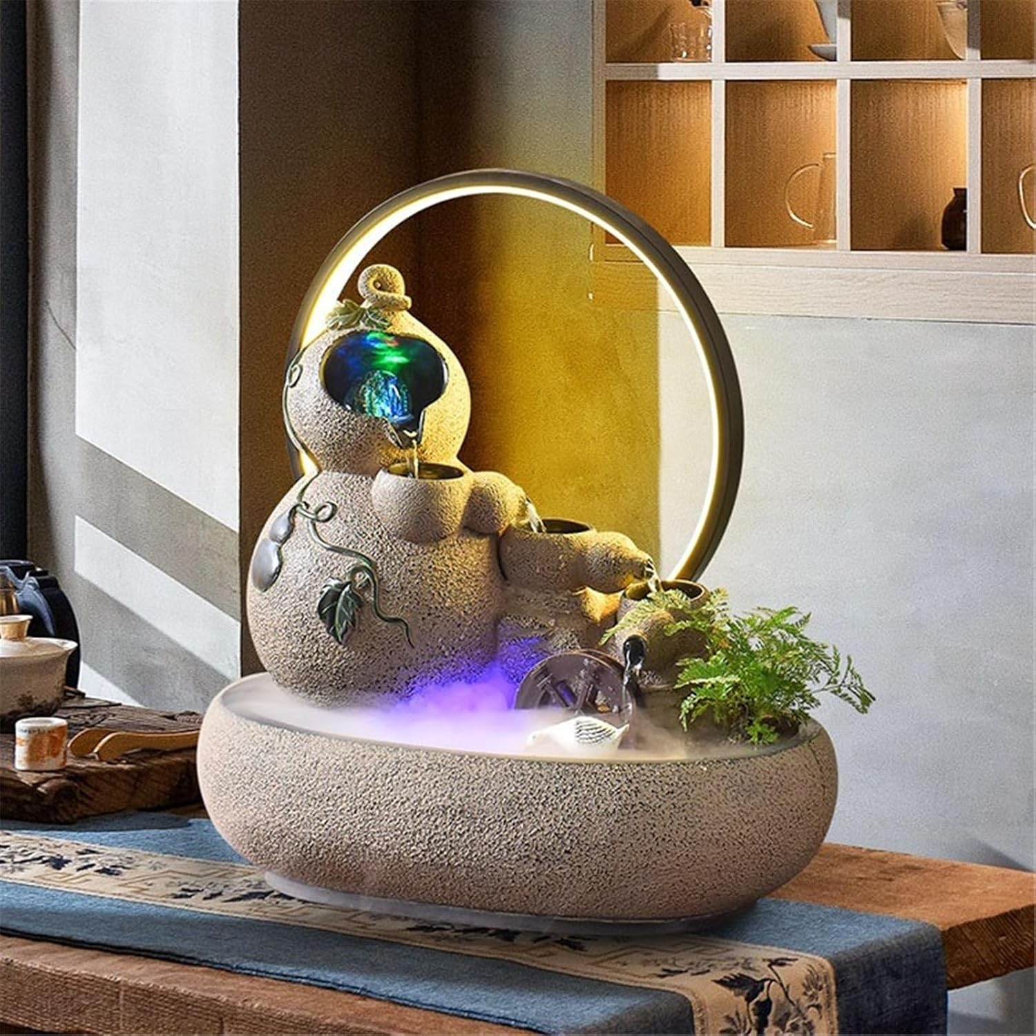 Tabletop Fountain Fountain Water Feature Small Waterfall Fountains, Desktop for Meditation Relaxation(Blue)