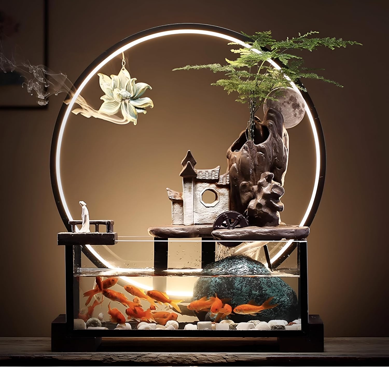 Desktop Ceramic Water Fountain Fish Tank - Adjustable Water Flow with LED Lights | Indoor Decoration Fortune Gifts+15 PCS Free Crystals (Style 1)