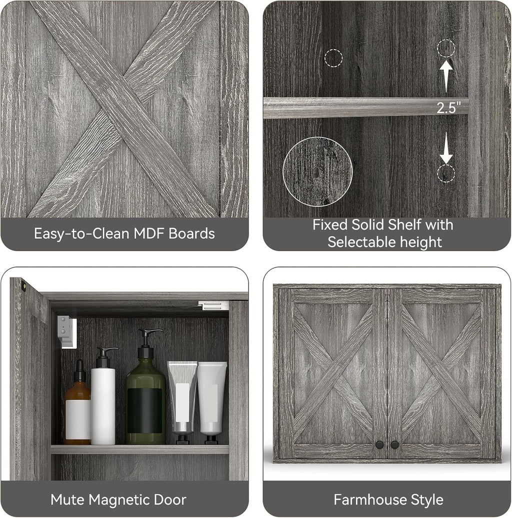 YOURLITE Laundry Cabinet, Medicine Cabinet, Bathroom Kitchen Storage Wall Mounted Farmhouse Organizer with Shelves Over Toilet, One Set of 2 Pieces X 24', Grey