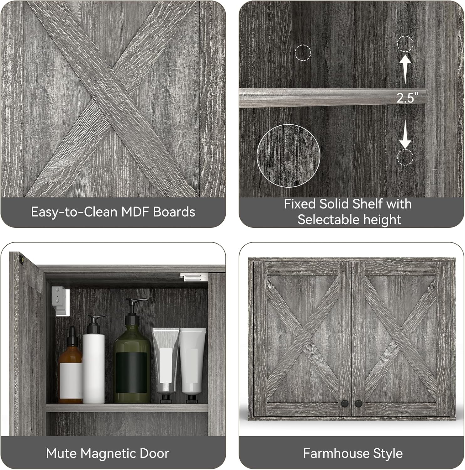 YOURLITE Laundry Cabinet, Medicine Cabinet, Bathroom Kitchen Storage Wall Mounted Farmhouse Organizer with Shelves Over Toilet, One Set of 2 Pieces X 24', Grey