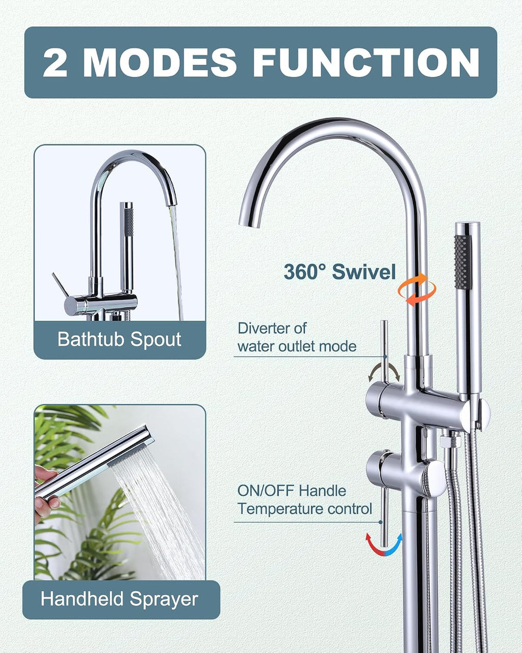 Freestanding Tub Filler Faucet Chrome: High Flow Brass Floor Mount Bathtub Filler, Swivel Gooseneck Spout with Single Handheld Sprayer for Bath Shower