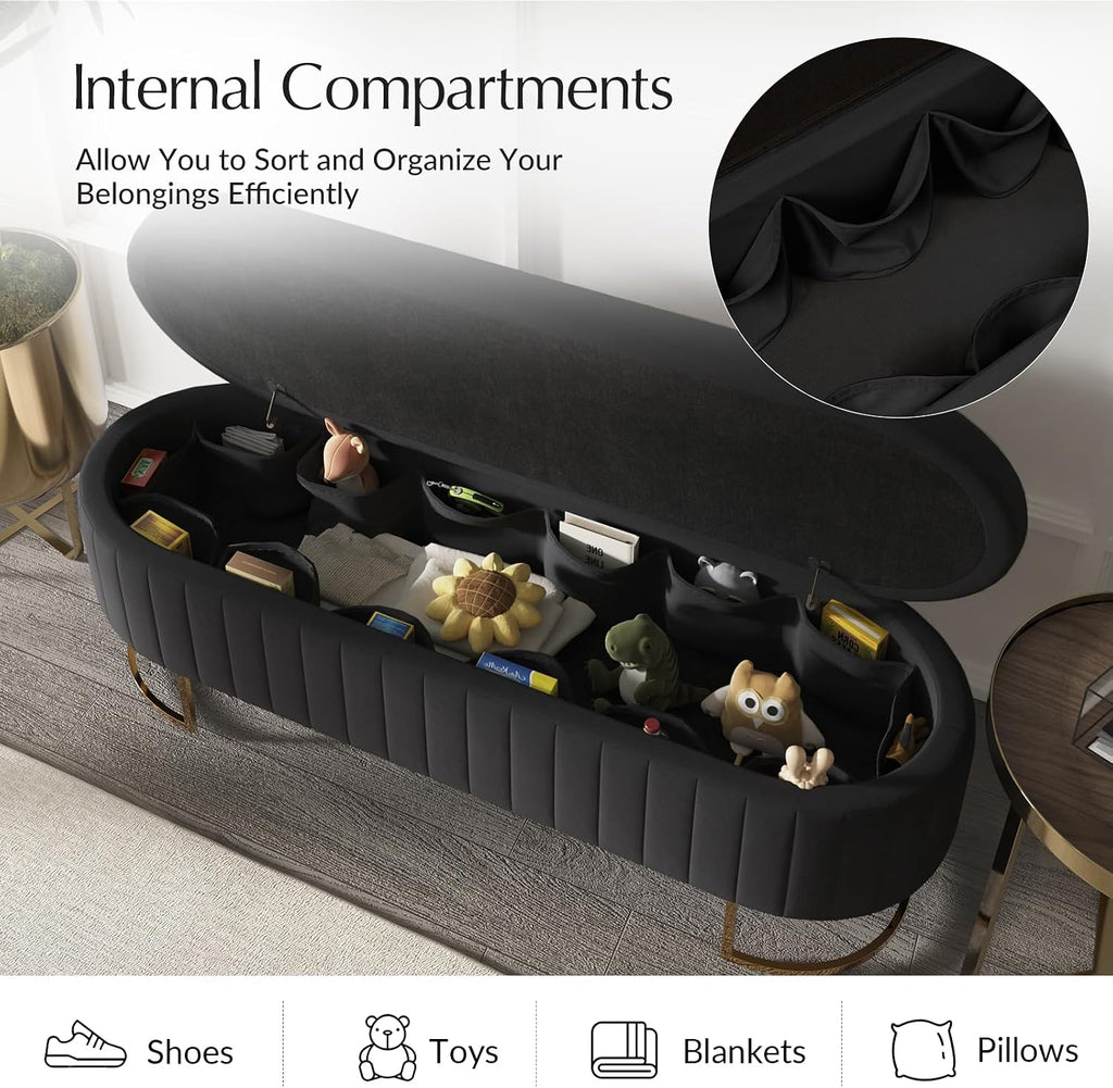 55.5' Velvet Upholstered Storage Bench with Channel Tufted Seat and Metal Legs, Multi-Functional Ottoman with Interior Organizer Pockets for Bedroom and Entryway, Flipping Lid Large Window Bench