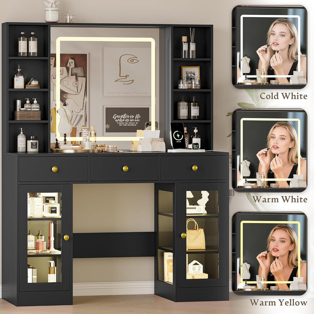 Makeup Vanity Desk with Mirror and Lights, 43' Black Vanity with Glass Top, Jewelry Storage, 3 Drawers & Glass Cabinets, Power Outlet & Adjustable LED Lights, Dressing Table for Women & Girls Bedroom