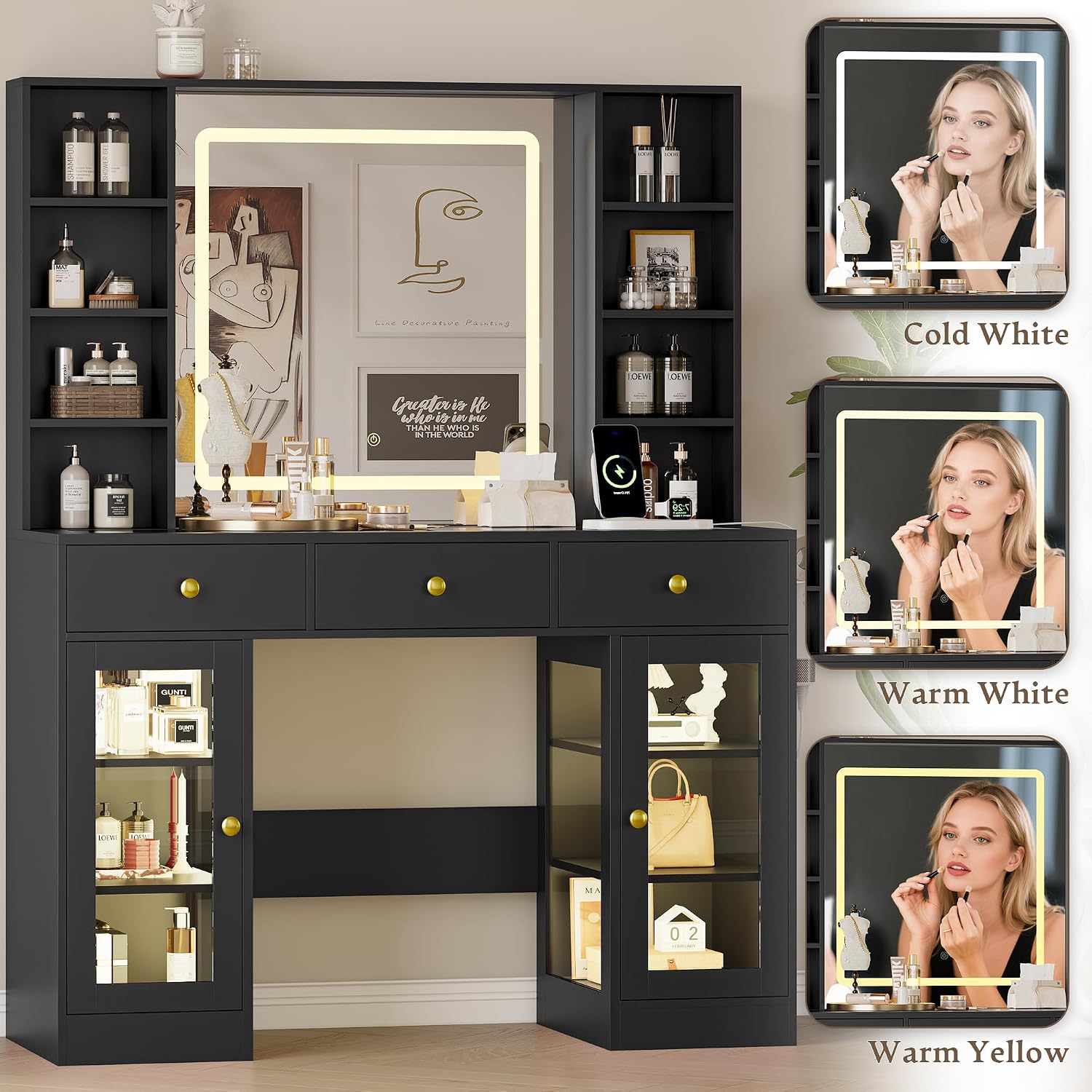 Makeup Vanity Desk with Mirror and Lights, 43' Black Vanity with Glass Top, Jewelry Storage, 3 Drawers & Glass Cabinets, Power Outlet & Adjustable LED Lights, Dressing Table for Women & Girls Bedroom