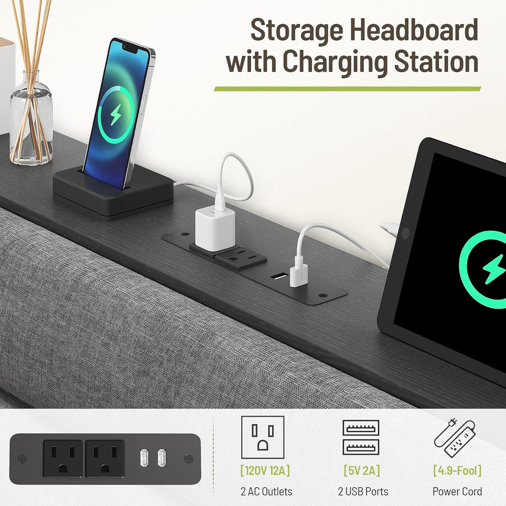 Floating Bed Frame Queen, Platform Bed with LED Lights & Charging Station, Ergonomic Storage Headboard, Heavy Duty Metal Slats, No Box Spring Needed, Easy Assembly, Dark Gray