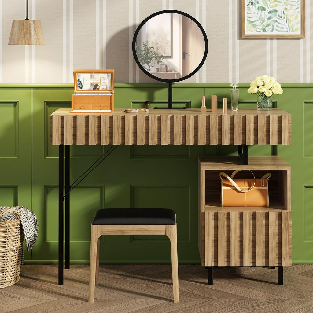 UEV Wood Vanity Desk with Mirror,Makeup Vanity Set with Drawer Chest,Vanity Dressing Table Makeup Desk Set with Storage Space for Bedroom(Wood)