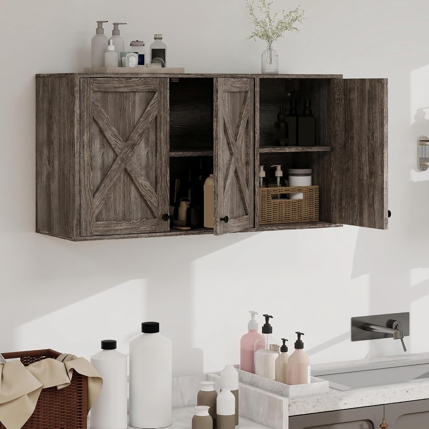 YOURLITE Laundry Cabinet, Medicine Cabinet, Bathroom Kitchen Storage Wall Mounted Farmhouse Organizer with Shelves Over Toilet, 36' Wide, Grey