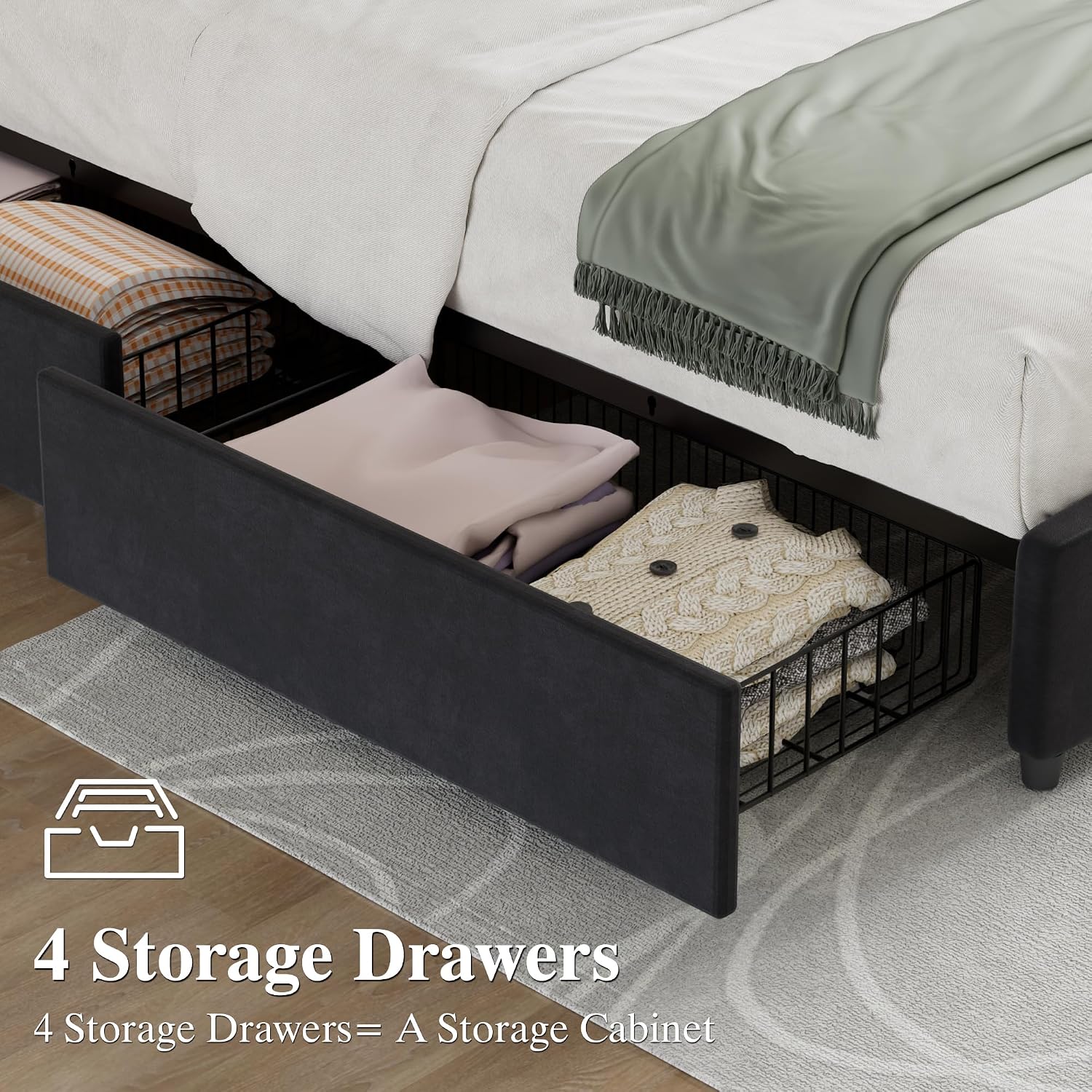 VECELO King Size Bed Frame with 4 Storage Drawers, Adjustable Height Headboard, Heavy-Duty Bedframe with Strong Wooden Slats, No Box Spring Needed, Black