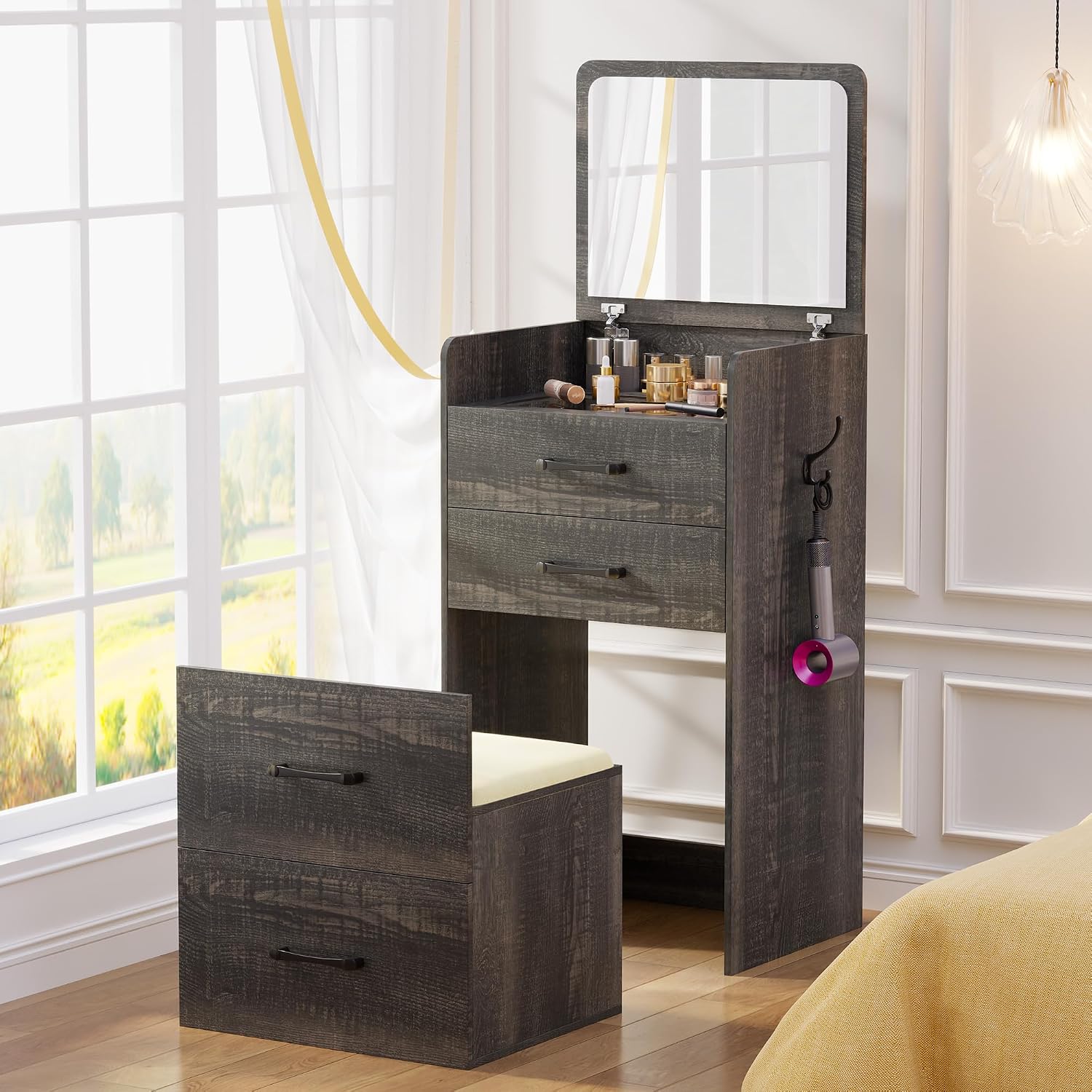 Gurexl 3 in 1 Vanity Desk with Flip Top Mirror,Small Make Up Vanity Set with Visible Glass Desktop,Compact Makeup Vanity with 3 Drawers,Cushioned Stool,Dressing Table for Bedroom,Dark Oak