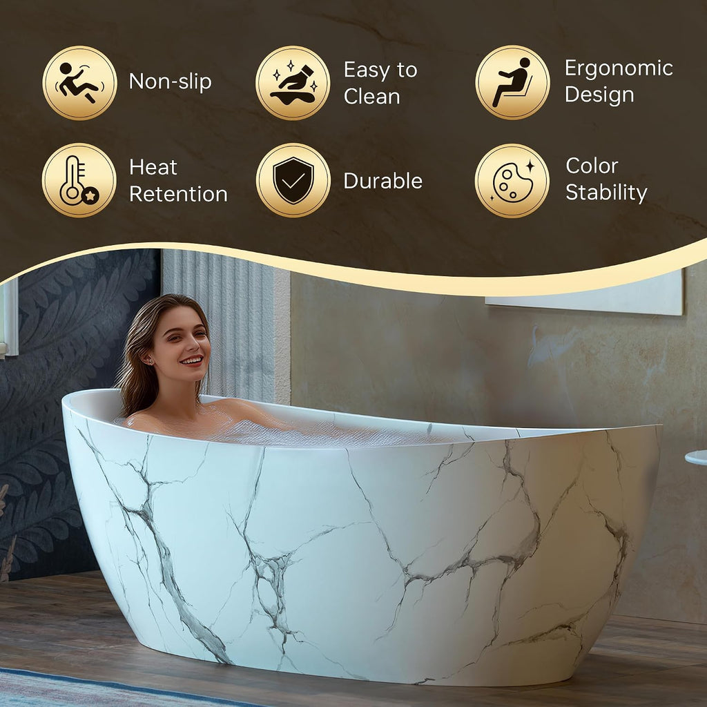 WOODBRIDGE 69' Marble-Pattern Stone Resin Freestanding Soaking Tub, Modern Oval Solid Surface Bathtub with Integrated Slotted Overflow & Drain, Matte Finish, CST0715