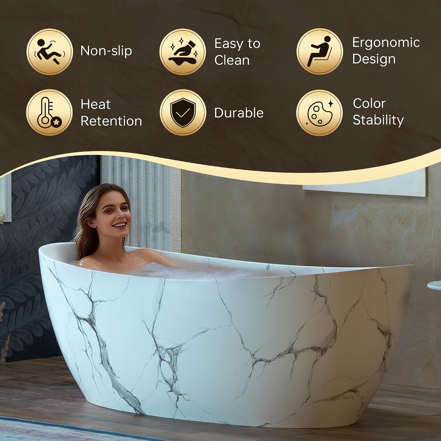 WOODBRIDGE 69' Marble-Pattern Stone Resin Freestanding Soaking Tub, Modern Oval Solid Surface Bathtub with Integrated Slotted Overflow & Drain, Matte Finish, CST0715