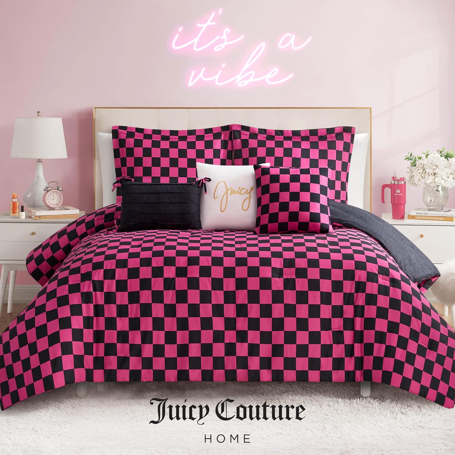 Juicy Couture Reversible Checkerboard Comforter Set 6-Piece King Set, Black/Hot Pink