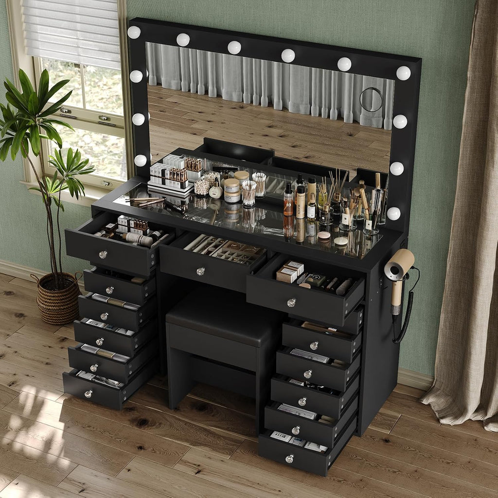 FUSOU 15 Drawers Vanity with Mirror and 12 LED Lights, Makeup Vanity with Charging Station, 3 Color Modes Adjustable Brightness, Glass Top Vanity Desk with Stool for Bedroom, Black