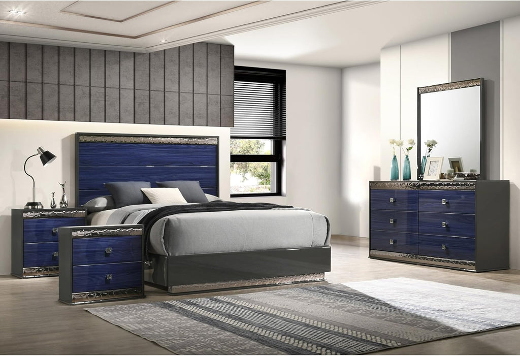 Furniture of America Scape Glam Solid Wood 5-Piece Bedroom Set with Geo Chrome Molding, Felt-Lined Top Drawer, Metal Side Glide, Square Knobs, No Box Spring Needed, King, Indigo Blue
