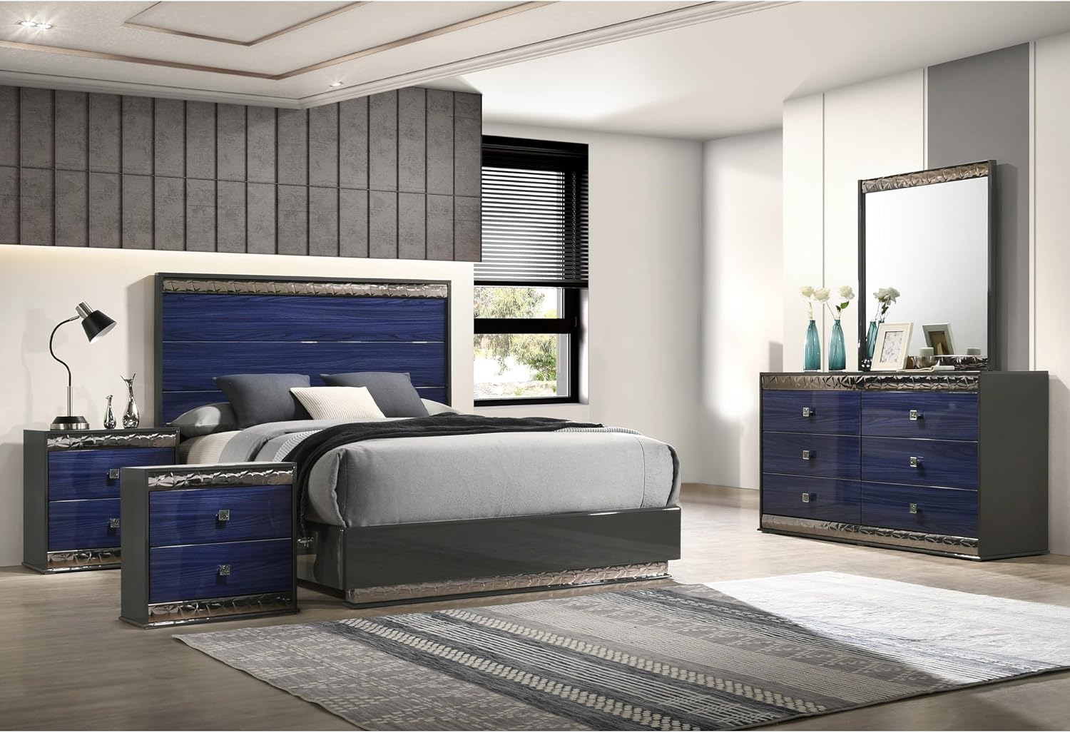 Furniture of America Scape Glam Solid Wood 5-Piece Bedroom Set with Geo Chrome Molding, Felt-Lined Top Drawer, Metal Side Glide, Square Knobs, No Box Spring Needed, King, Indigo Blue