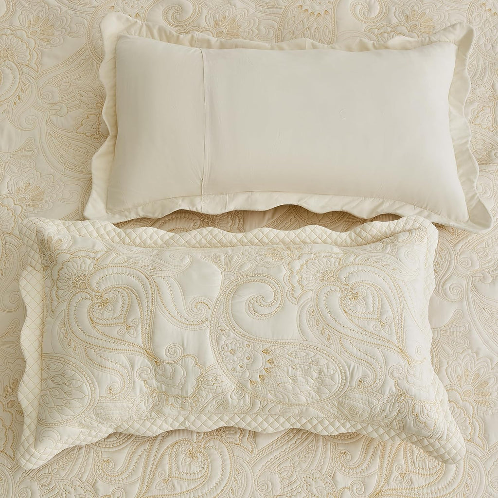 Oversized King Bedspread, Paisley Pattern Design, Lightweight Bedding Cover, Reversible, 5 Piece, 100% Microfiber, Ivory Yellow