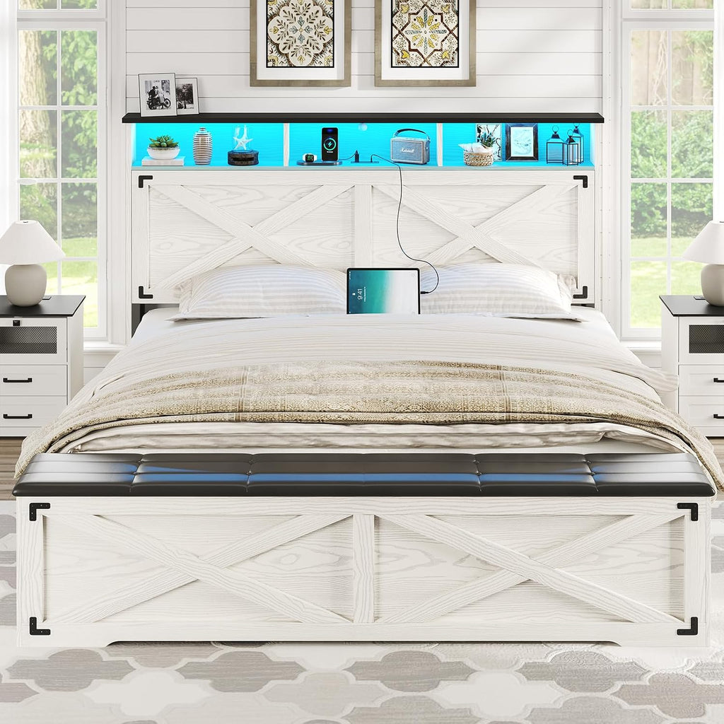DICTAC Farmhouse Queen Bed Frame with Storage Headboard, Charging Station and LED Lights Wood Platform Bed Frame Queen Size with Storage Ottoman,Metal Slats Support,No Box Spring Needed, Antique White