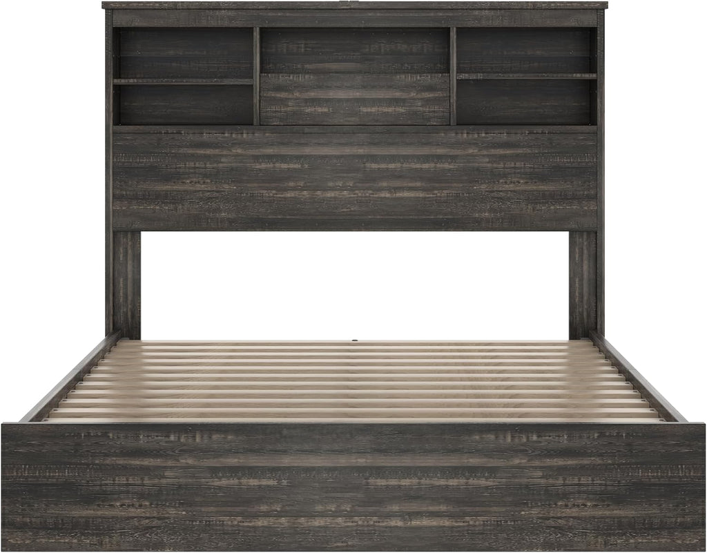 4 Pieces Bedroom Sets, Queen Size Vintage Wooden Platform Bed Frame with 2 Nightstands and 1 Chest, Antique Gray